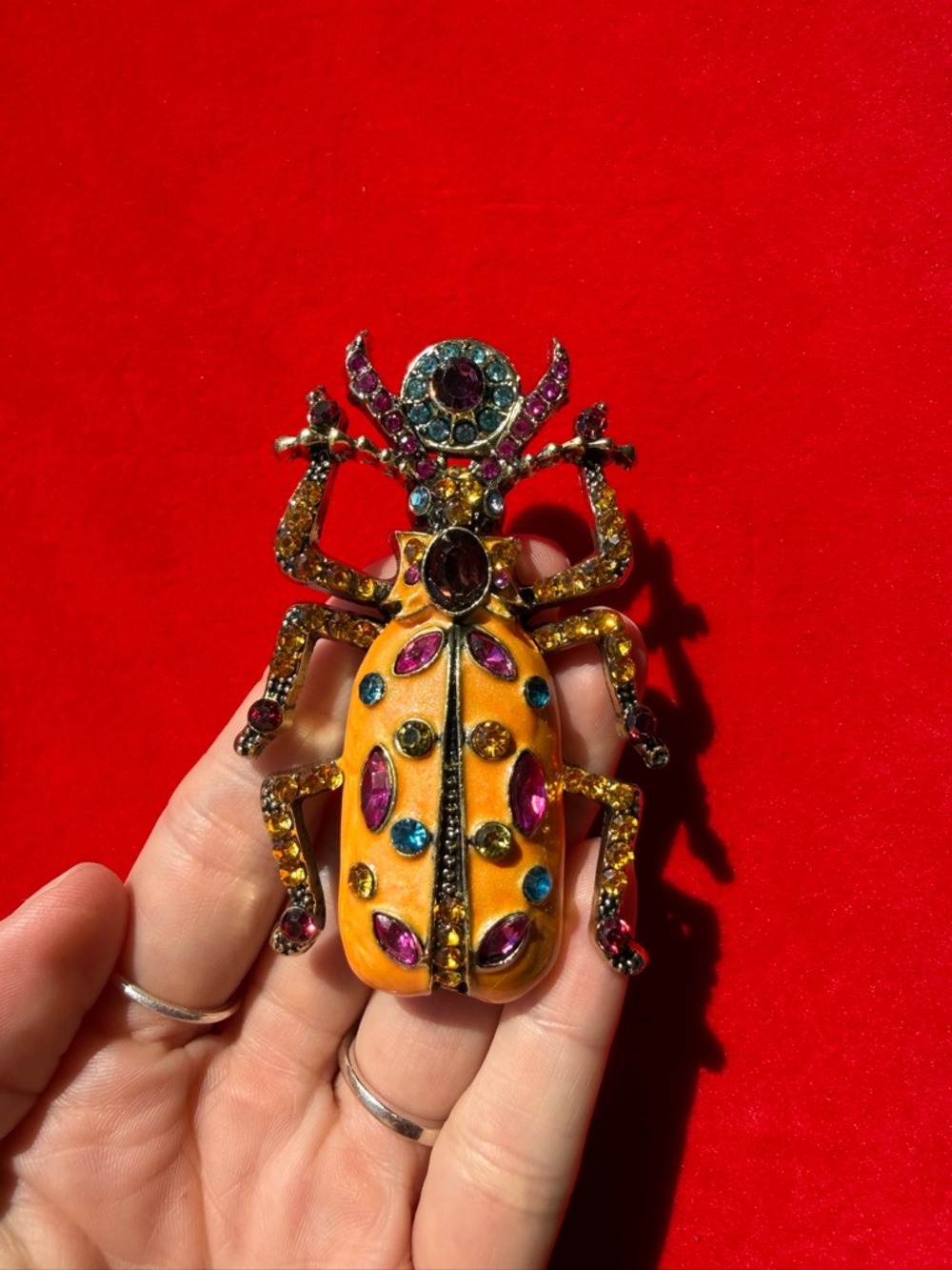 American Vintage Orange Jeweled Beetle Brooch